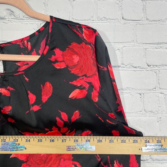 Talbots Blouse Womens XL Floral Pull Over Black Red Bishop Sleeve Career Top - Picture 9 of 9